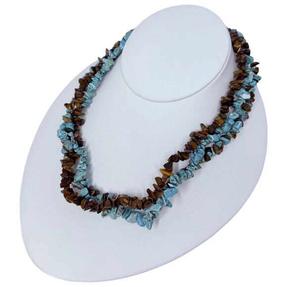 VTG Blue Turquoise Tiger Eye Layering Necklace 18" Bohemian Southwestern Boho - Picture 4 of 9